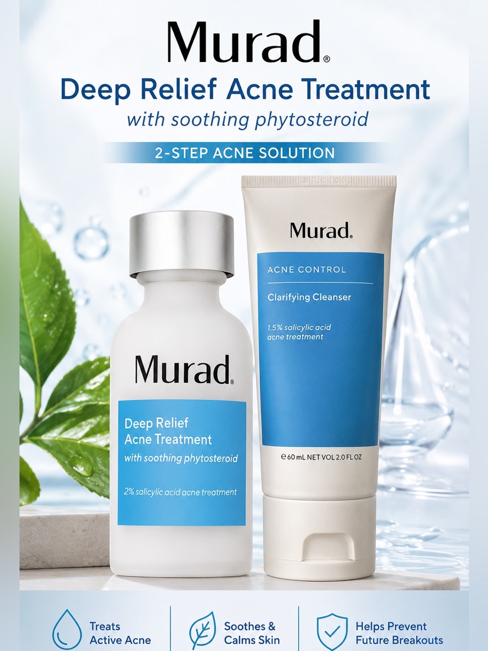 Murad Deep Relief Acne Treatment 2-Step Set Clarifying Cleanser & Treatment NEW
